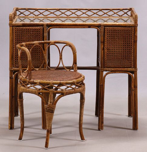 ITALIAN, WICKER AND CANE, VANITY TABLE & CHAIR, 2 PCS 