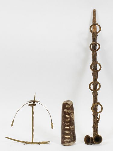 AFRICAN, BRASS AND METAL SMOKING PIPE, CANDLE HOLDER, AND BIRD SCULPTURE, 20TH C, 3 PCS
