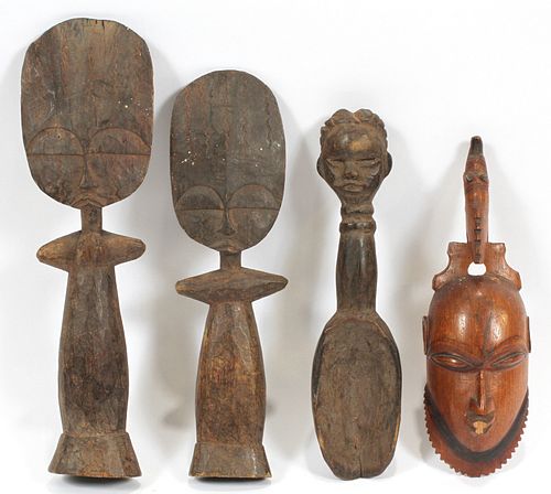 AFRICAN, ASHANTI AKAUBA, CARVED WOOD DOLLS + CARVED SPOON AND MASK, EARLY 20TH C, 4 PCS. 