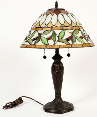 LEADED GLASS TABLE LAMP, H 23", DIA 16" 
