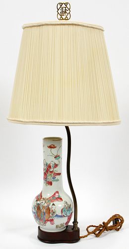 CHINESE FAMILLE ROSE PORCELAIN VASE/LAMP, 19TH C., H 10 1/4" 