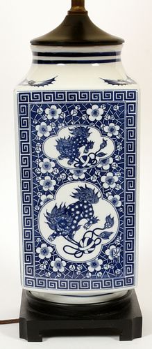CHINESE, BLUE AND WHITE, PORCELAIN VASE LAMP, H 28", DIA 6"