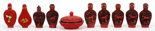 CHINESE  RED LACQUER, SNUFF BOTTLE COLLECTION , SET OF (9)  H 3" 