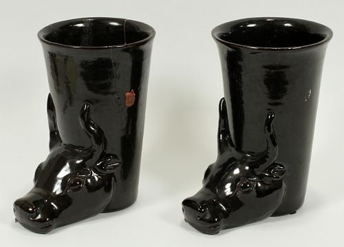 PAIR CHINESE RHYTON POTTERY STIRRUP CUPS 19TH C. 2 H 9.75" DIA 6" 