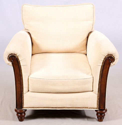 "PROTEGE"  UPHOLSTERED WALNUT ARM CHAIR, H 34", W 38"