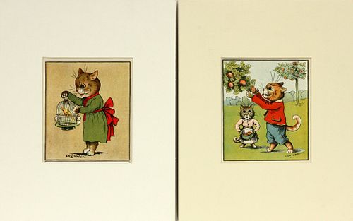 LOUIS WILLIAM WAIN (ENGLISH, 1860-39), LITHOGRAPHS ON PAPER, 2 PCS, H 6", W 5", ANTHROPOMORPHIC CATS 