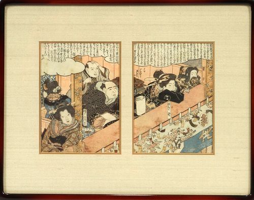 JAPANESE UKIYO-E WOODBLOCK PRINTS DIPTYCH, H 7", L 11"