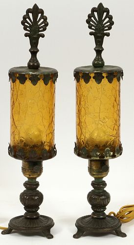 ANTIQUE, CAST METAL  TABLE LAMPS WITH CRACKLE GLASS SHADES, H 15.5" DIA 3.5" 