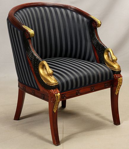 FRENCH EMPIRE STYLE, MAHOGANY TUB CHAIR, SWAN TERMINALS C.1980 H 35", W 26"