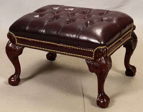 CHIPPENDALE STYLE BURGUNDY LEATHER AND MAHOGANY FOOT STOOL H 17" W 29" 
