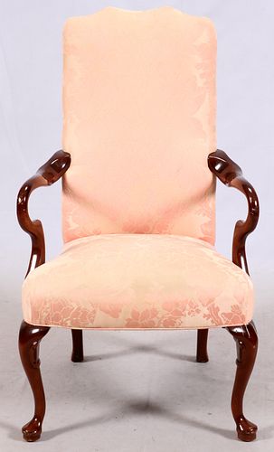 QUEEN ANNE STYLE MAHOGANY OPEN ARM CHAIR, 20TH C., H 42", W 24", D 24" 