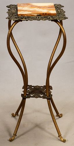 MARBLE TOP STAND, BRASS OVER IRON BASE CIRCA 1870 H 29" W 13" 