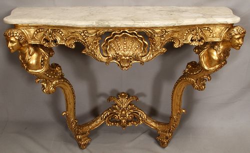 FRENCH ROCOCO  GILT WOOD & MARBLE CONSOLE TABLE H 34" W 19" L 39" 