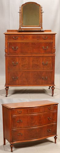 NATIONAL FURNITURE CO., GEORGIAN STYLE, MAHOGANY, DRESSER. BOW FRONT CHEST AND MIRROR, H 49" & 35" L 38" &48" 