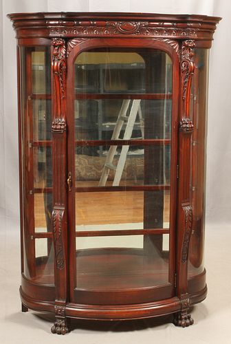 VICTORIAN, MAHOGANY, CHINA CABINET, CURVED GLASS, C. 1870, H 68", W 47", D 20" 