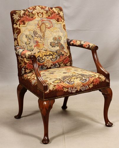 FRENCH LOUIS XV STYLE, FAUTEUIL, ARMCHAIR, NEEDLEWORK UPHOLSTERY H 40", W 28", D 23" 