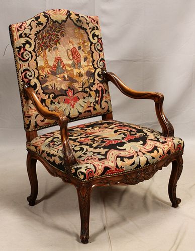 FRENCH  LOUIS XV STYLE, FAUTEUIL, ARM CHAIR, WITH NEEDLEPOINT UPHOLSTERY, H 42", W 28", D 23" 