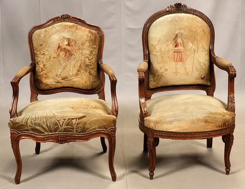 FRENCH LOUIS XV STYLE, FAUTEUIL ARM CHAIRS, WITH TAPESTRY UPHOLSTERY