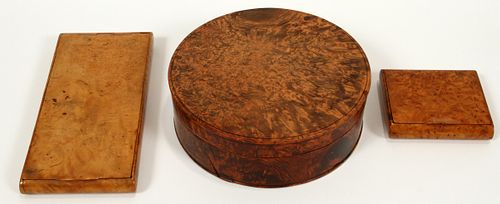 AMBOYNA WOOD CIGAR/CIGARETTE CASES & COVERED BOX, C. 1860, 3 PCS, L 3"-6"