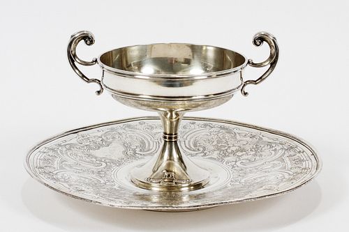 REED & BARTON STERLING SERVING PLATE & EDWARDIAN STERLING COMPOTE BY CARRINGTON, BIRMINGHAM, 1904-05, H 4" 