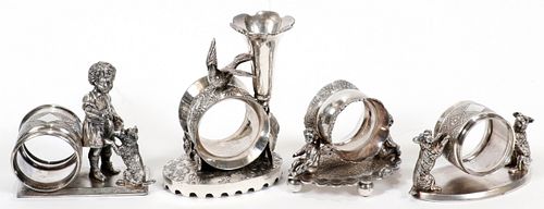 ROGERS SMITH & WILCOX SILVER PLATE NAPKIN RINGS, C. 1860, 4 PCS, H 2.5"- 4.5" 