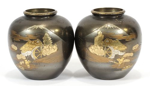 JAPANESE METAL URNS, SILVER AND BRASS INLAY C. 1900 H 5" 