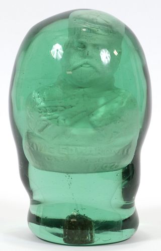 EDWARD VII GREEN BLOWN GLASS AND SULPHIDE DOORSTOP, 1902 H 7" 