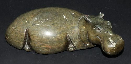 AFRICAN CARVED STONE HIPPOPOTAMUS, L 9" 
