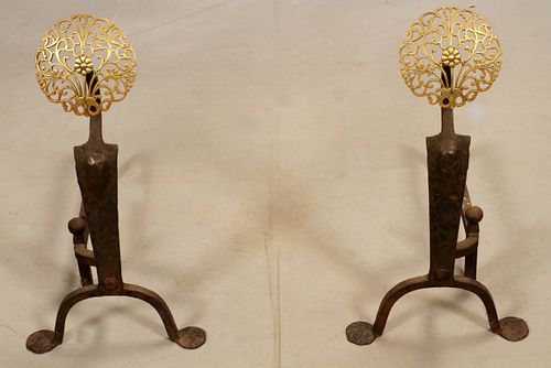 PAIR WROUGHT IRON, BRASS ANDIRONS 2 H 20.5" L 13" 
