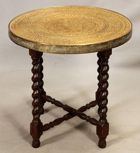 MIDDLE EASTERN STYLE, BRASS TRAY TABLE ON A WOODEN BASE, H 22", DIA 23" 