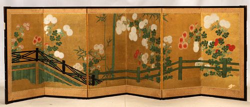 ORIENTAL 6 PANEL, PAINTED SCREEN, H 30" L 82" 