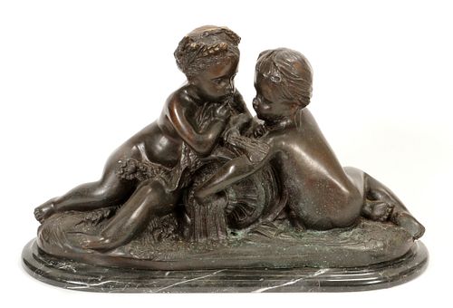 UNSIGNED BRONZE, TWO CHILDREN TALKING, H 12", L 19" 