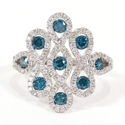 1.35CT ENHANCED BLUE DIAMOND, & 1.00CT ROUND WHITE DIAMOND, H/VS2, 14KT WHITE GOLD, RING, SIZE 7.0 TW 4.1 GR 