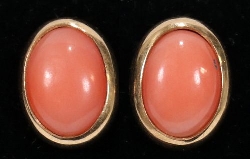 PINK CORAL, 14KT YELLOW GOLD, PIERCED EARRINGS WITH POST, PR. W 0.25" TW. 1.8 GR. 