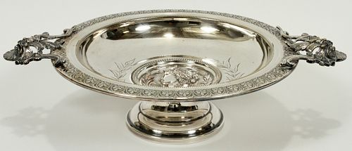 VICTORIAN ALLEGORICAL SILVERPLATE TAZZA WITH MEDALLION H 3.25", W 14", D 10" 