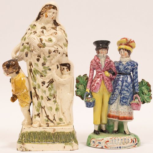 STAFFORDSHIRE EARLY POTTERY FIGURE GROUPS, C 1800 TWO H 10", 7" 
