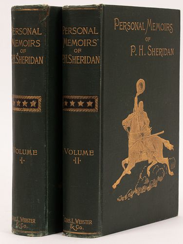 FIRST EDITION OF THE PERSONAL MEMOIRS OF PHILIP H. SHERIDAN, CHARLES L. WEBSTER & CO. PUBLISHER, 1888, H 9 1/4", W 6 1/4" 