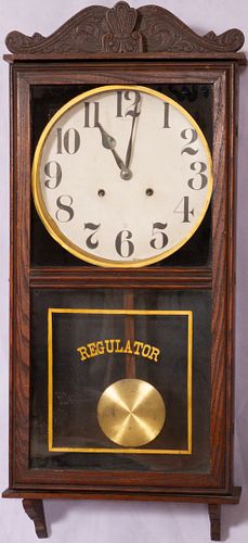 REGULATOR OAK MANTLE CLOCK C. 1890, H 36" W 15" 