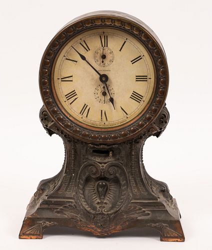 SETH THOMAS IRON ALARM CLOCK, C. 1900, H 11", W 7.75"