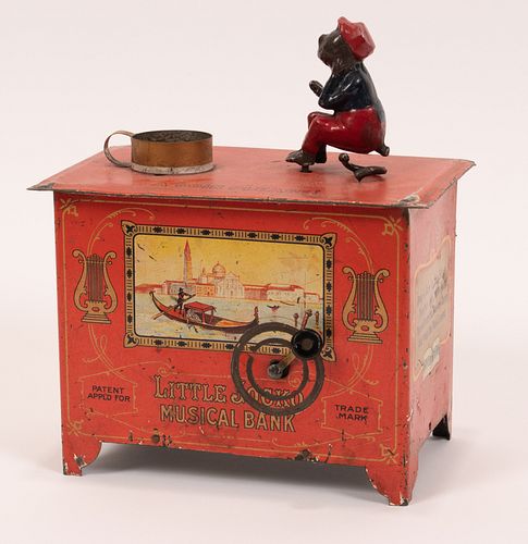 LITTLE JOCKO MUSICAL BANK, TIN AND LEAD C. 1900, H 7.5" W 6.5" 