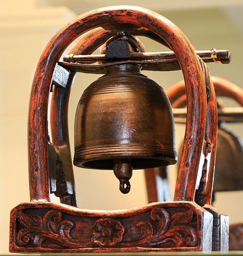 ASIAN BRASS & LACQUERED WOOD BELL, H 10", W 8.5"