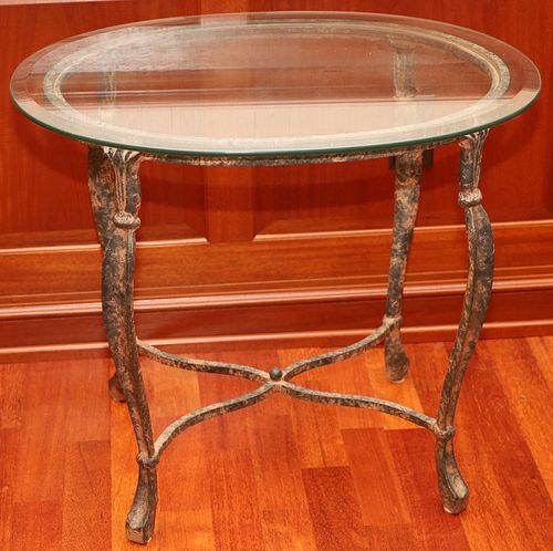 WROUGHT IRON & GLASS SIDE TABLE, H 23", W 27"
