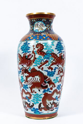 CHINESE CLOISONNE & BRASS VASE, H 21", DIA 10"