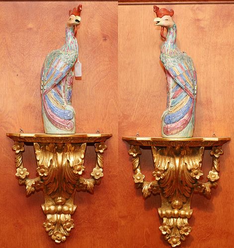 CHINESE PORCELAIN PHOENIX BIRDS ON GILT WOOD WALL SHELVES, PAIR, H 26", W 12" (OVERALL) 