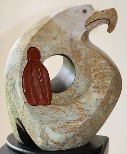 ROY HENRY (CANADIAN, 20/21ST C), STONE SCULPTURE, 2015, H 16", W 15", "EYE OF THE EAGLE" 