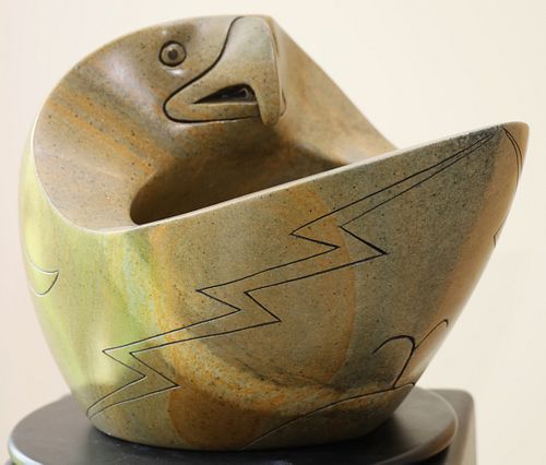 VINCE BOMBERRY (CANADIAN, B. 1958), CARVED STONE BOWL, H 12", D 15"