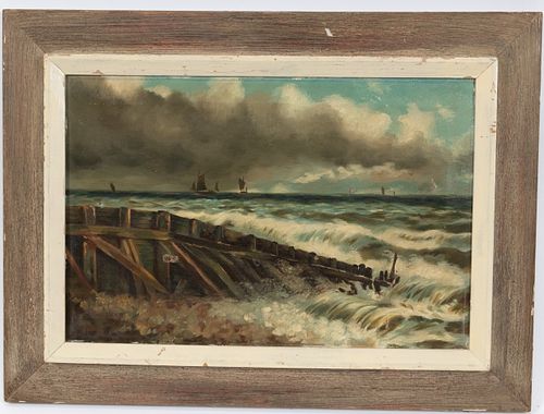 M. KNOWLES, OIL ON CANVAS, H 13", W 21", STORMY COAST 