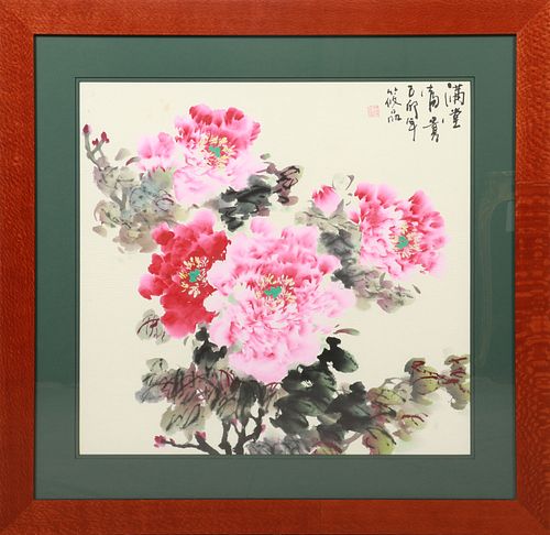 CHINESE WATERCOLOR ON TISSUE, H 26", W 27", PEONY BLOSSOMS 
