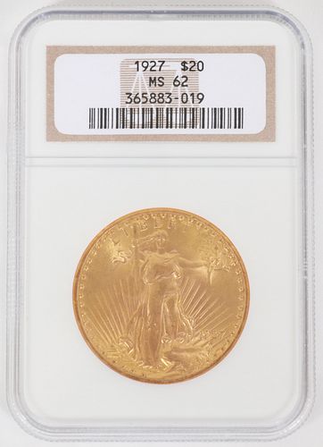 U.S, $20. GOLD COIN MIRROR-LIKE 1927 CERTIFIED & GRADED: MS-62 AMERICAN NUMISMATIC 