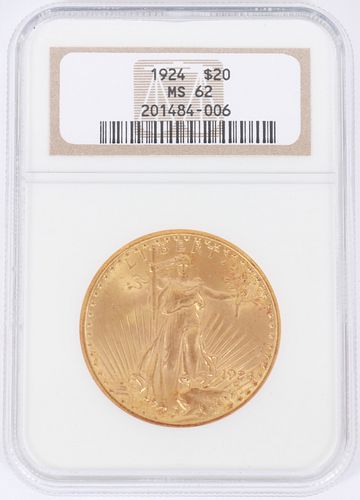 U.S. $20.DOLLAR GOLD COIN 1924 CERTIFIED MS-62 AUGUSTUS SAINT-GAUDENS,DIAM 34MM, WGT 33.436 GRAMS,(NET WGT..96750 OZ.PURE GOLD) (1) H 7" 